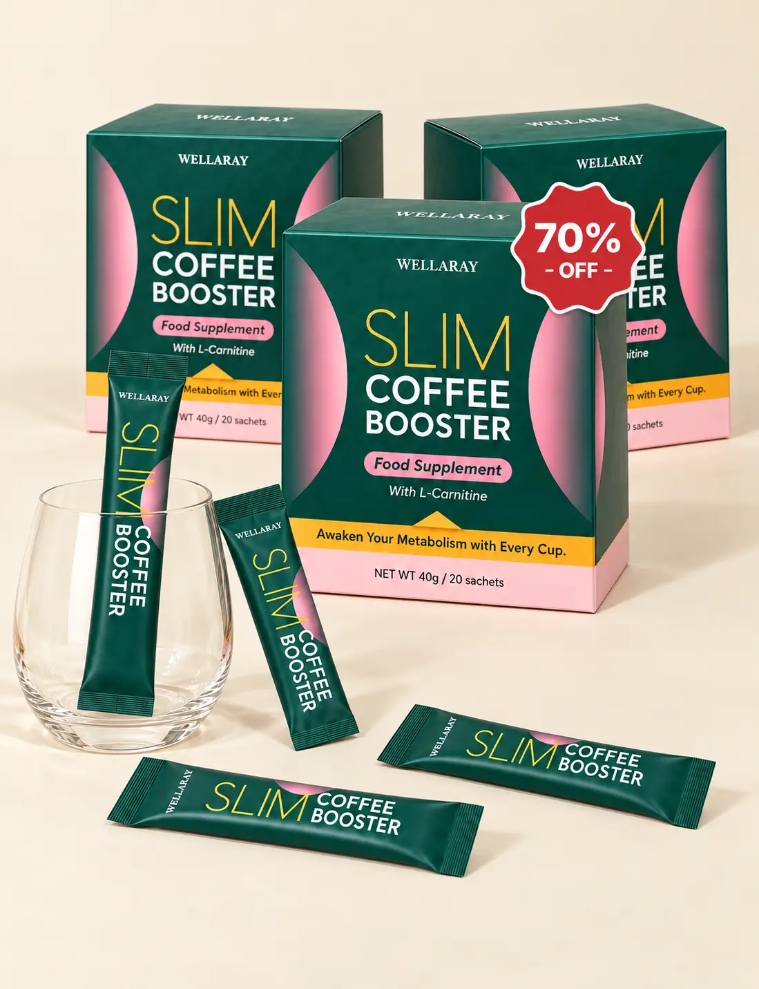 Wellaray Slim Coffee Booster official product boxes and sachets